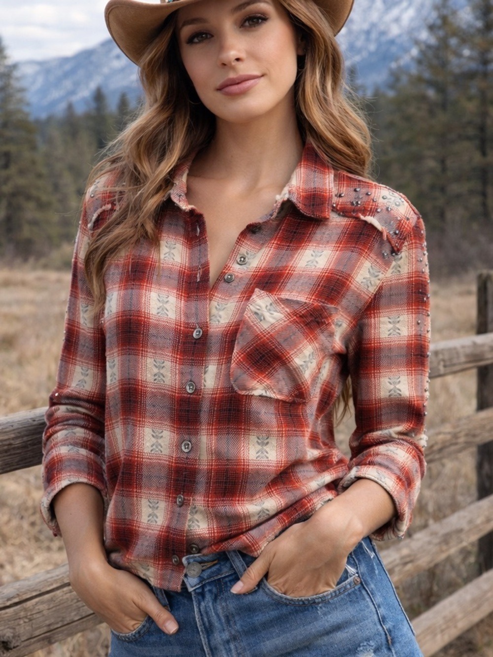 Idyllwind Western Plaid Shirt Studded Fringe XS Red Boho Rodeo Festival Top